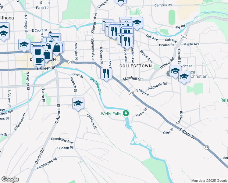 map of restaurants, bars, coffee shops, grocery stores, and more near 801 East State Street in Ithaca