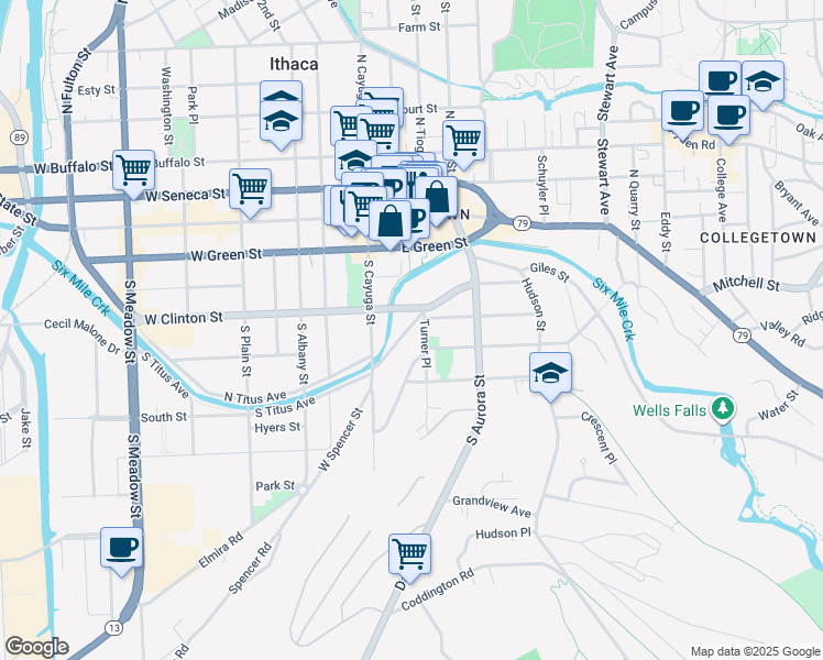 map of restaurants, bars, coffee shops, grocery stores, and more near 141 East Spencer Street in Ithaca