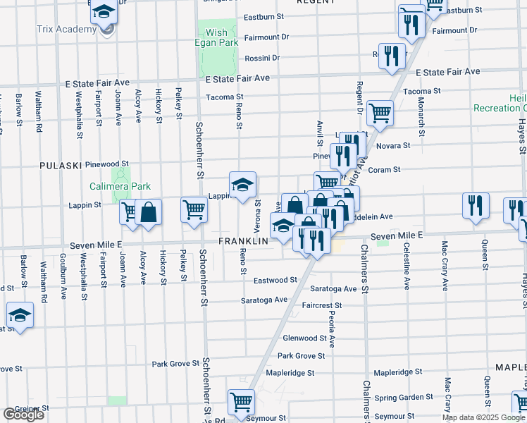 map of restaurants, bars, coffee shops, grocery stores, and more near 19208 Verona Street in Detroit