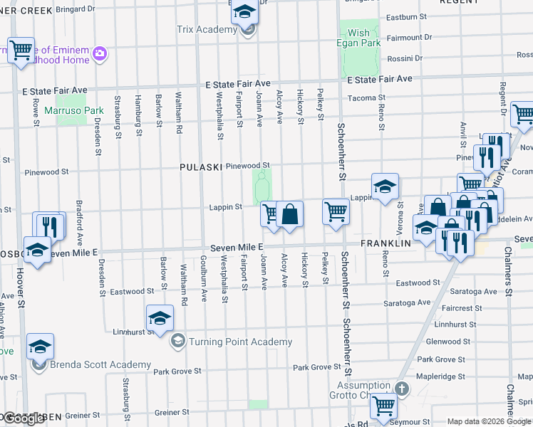 map of restaurants, bars, coffee shops, grocery stores, and more near 19215 Joann Avenue in Detroit