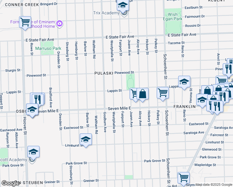 map of restaurants, bars, coffee shops, grocery stores, and more near 19214 Westphalia Street in Detroit