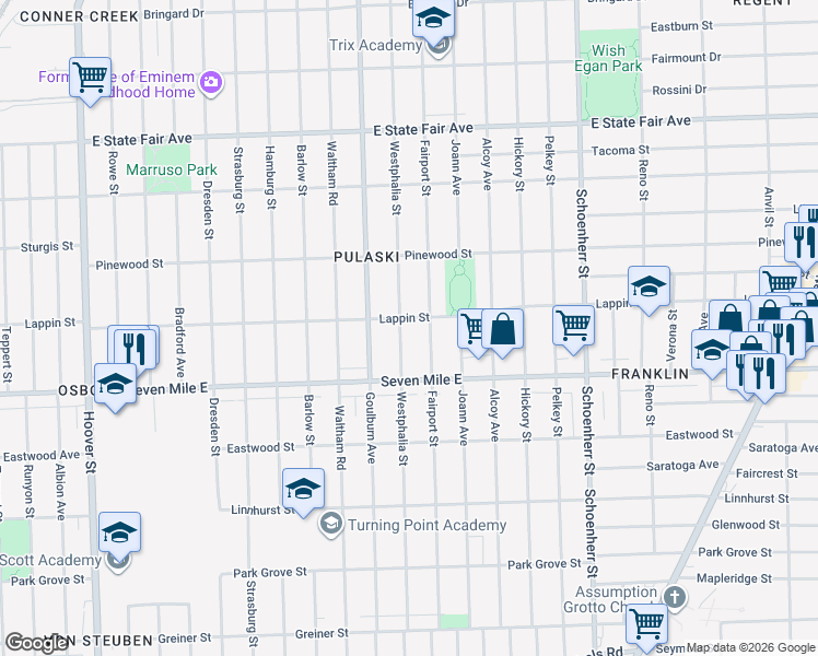 map of restaurants, bars, coffee shops, grocery stores, and more near 19214 Westphalia Street in Detroit