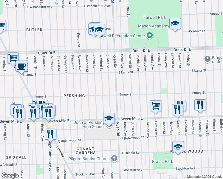 map of restaurants, bars, coffee shops, grocery stores, and more near 19350 Binder Street in Detroit