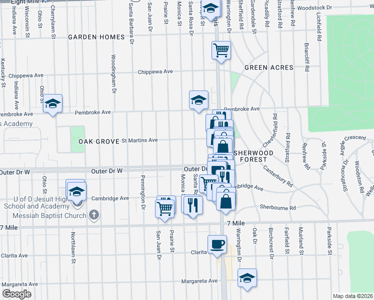 map of restaurants, bars, coffee shops, grocery stores, and more near 19475 Monica Street in Detroit
