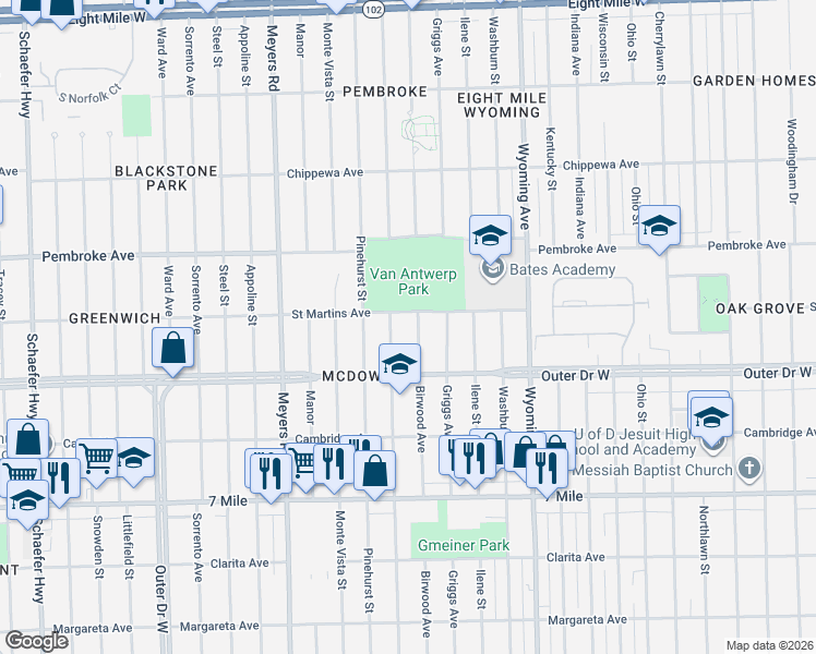 map of restaurants, bars, coffee shops, grocery stores, and more near 19503 Birwood Street in Detroit
