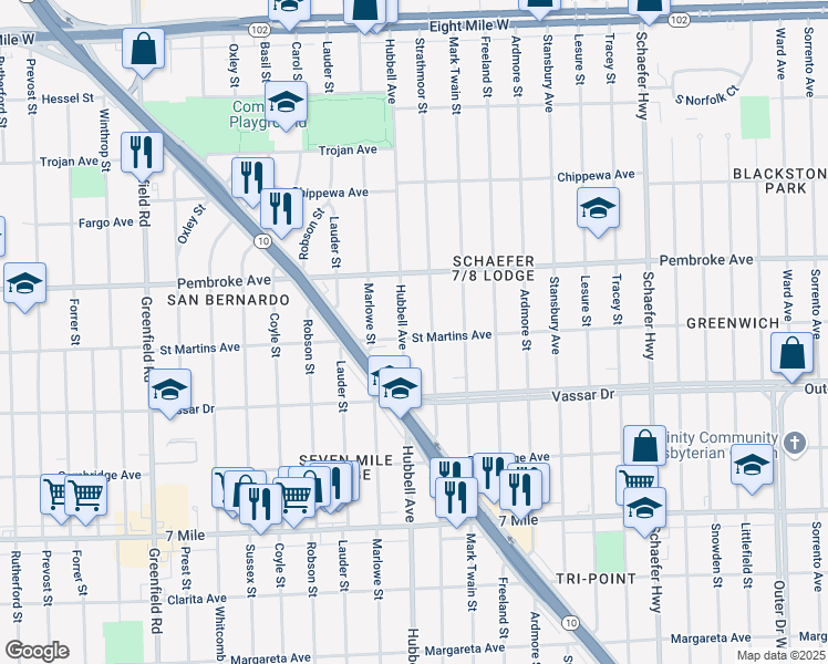 map of restaurants, bars, coffee shops, grocery stores, and more near 19732 Hubbell Avenue in Detroit