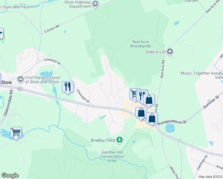 map of restaurants, bars, coffee shops, grocery stores, and more near 33 Elm Ridge Road in Stow
