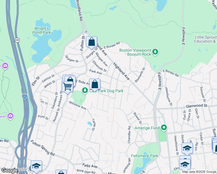 map of restaurants, bars, coffee shops, grocery stores, and more near 112 Belle Avenue in Medford
