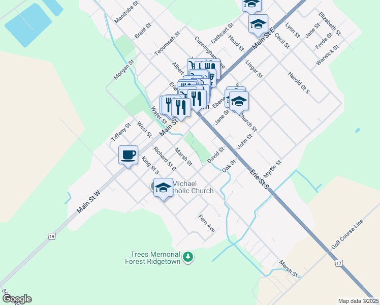 map of restaurants, bars, coffee shops, grocery stores, and more near 16 Marsh Street in Chatham-Kent