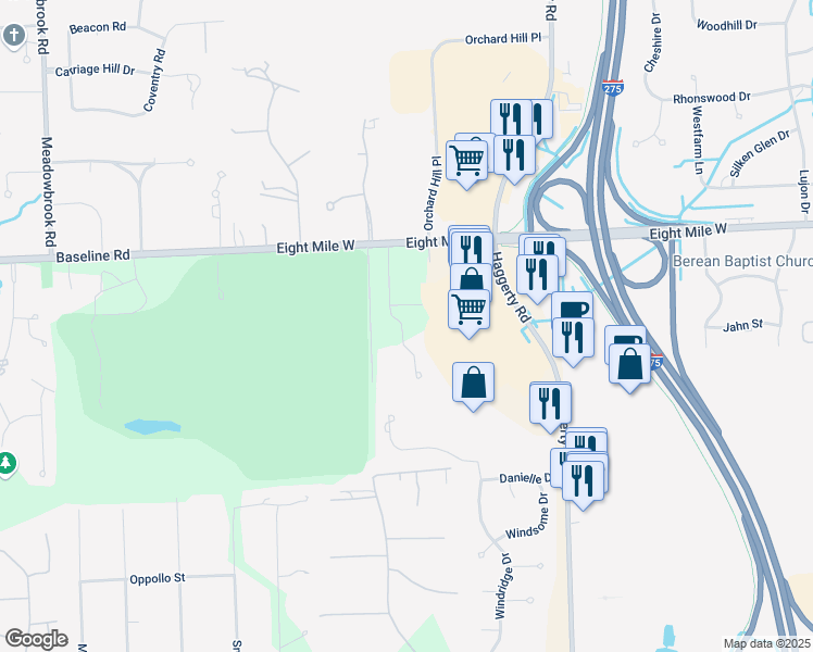 map of restaurants, bars, coffee shops, grocery stores, and more near 20282 Beacon Way in Northville