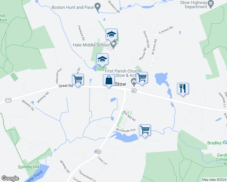 map of restaurants, bars, coffee shops, grocery stores, and more near 380 Great Road in Stow