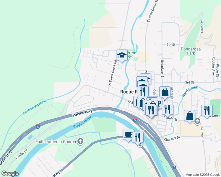 map of restaurants, bars, coffee shops, grocery stores, and more near 100 Hickory Drive in Rogue River