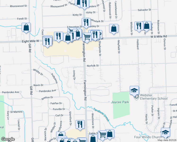 map of restaurants, bars, coffee shops, grocery stores, and more near 20108 Farmington Road in Livonia