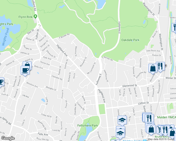 map of restaurants, bars, coffee shops, grocery stores, and more near Hayward Street in Malden