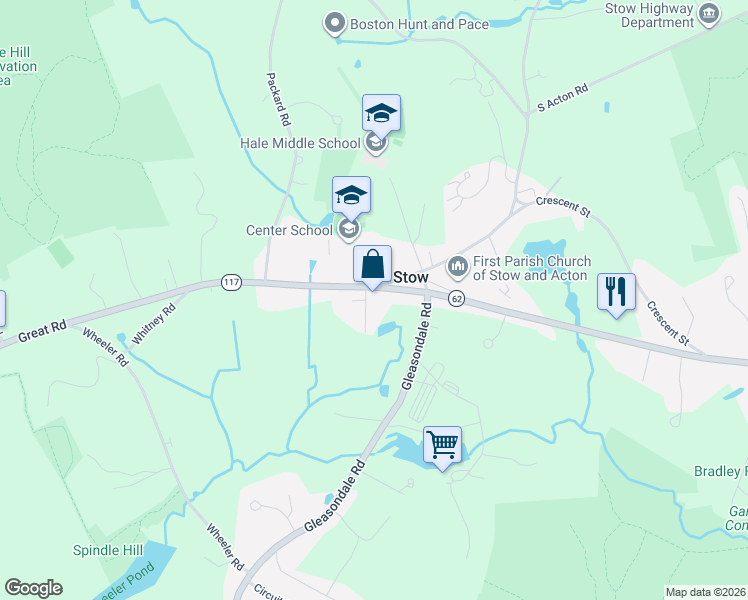 map of restaurants, bars, coffee shops, grocery stores, and more near 390 Great Road in Stow