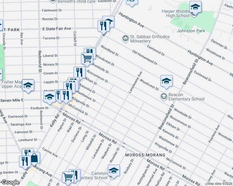 map of restaurants, bars, coffee shops, grocery stores, and more near 18923 Elkhart Street in Harper Woods