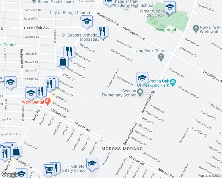 map of restaurants, bars, coffee shops, grocery stores, and more near 19119 Roscommon Street in Harper Woods