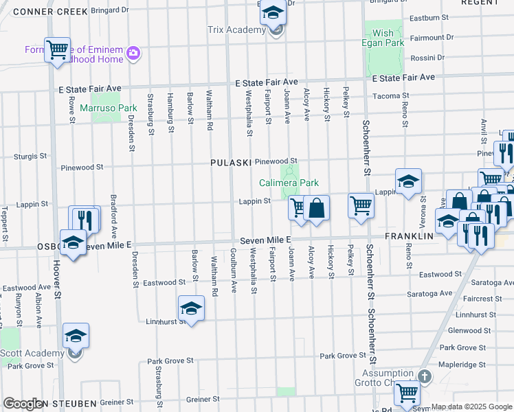 map of restaurants, bars, coffee shops, grocery stores, and more near 19214 Westphalia Street in Detroit