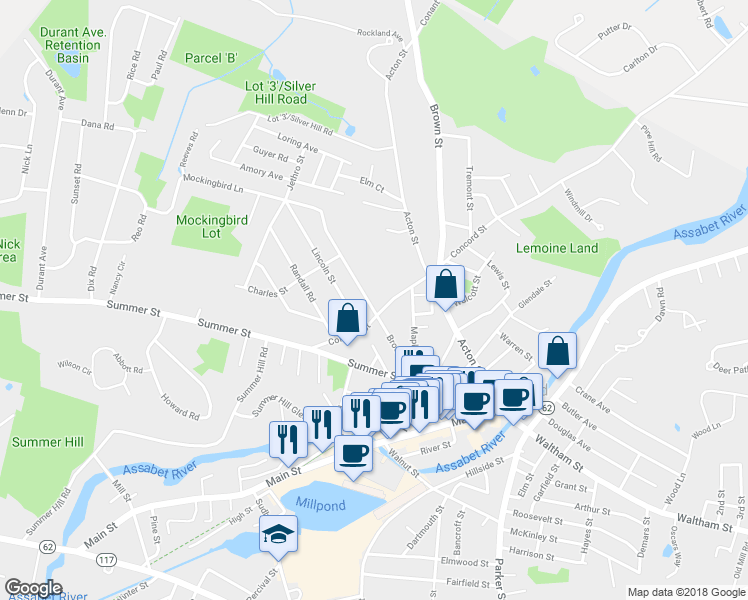 map of restaurants, bars, coffee shops, grocery stores, and more near 31 Brooks Street in Maynard