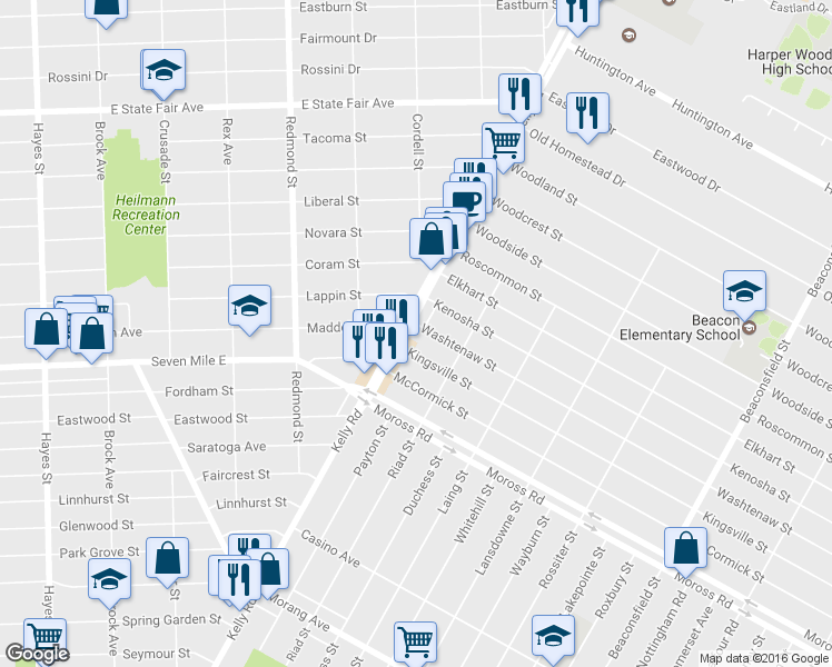map of restaurants, bars, coffee shops, grocery stores, and more near 19232 Kelly Rd in Harper Woods