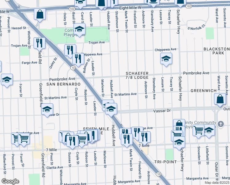 map of restaurants, bars, coffee shops, grocery stores, and more near 19732 Hubbell Avenue in Detroit