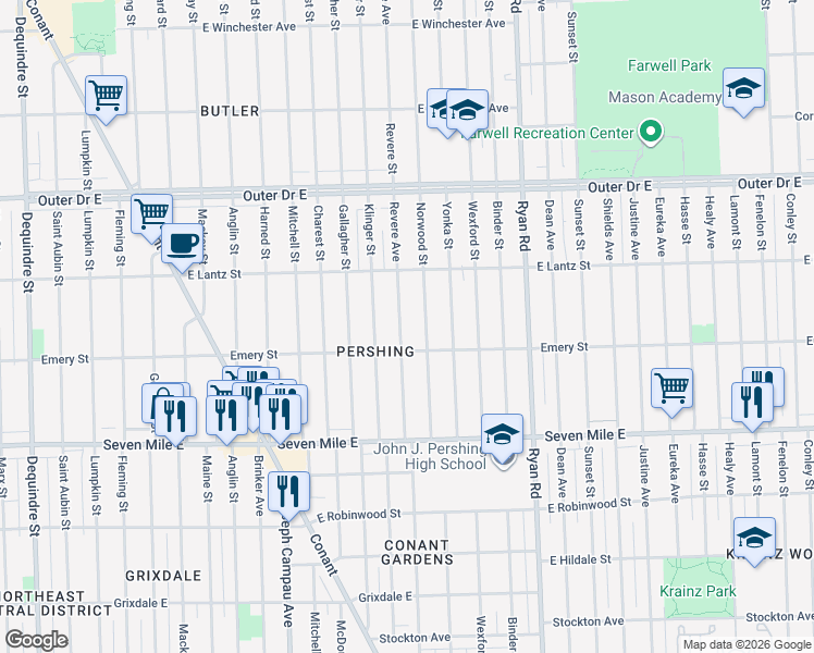 map of restaurants, bars, coffee shops, grocery stores, and more near 19351 Revere Street in Detroit