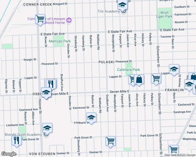 map of restaurants, bars, coffee shops, grocery stores, and more near 19209 Waltham Street in Detroit