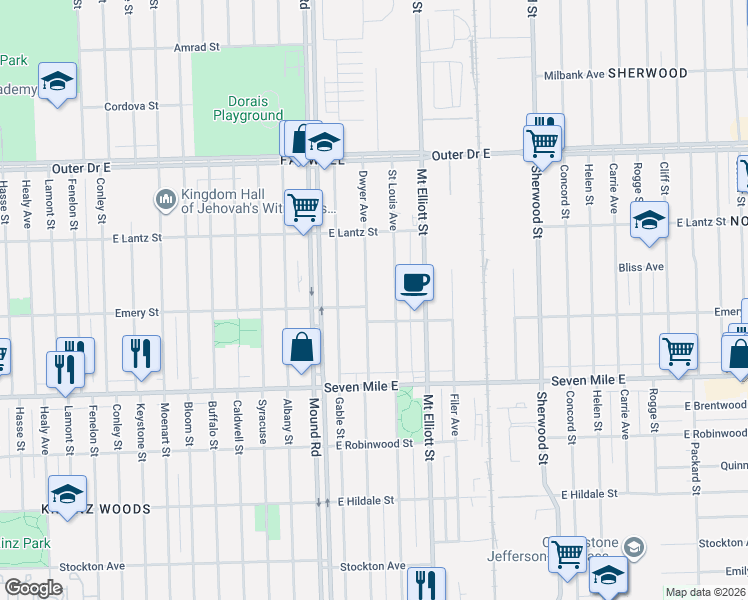 map of restaurants, bars, coffee shops, grocery stores, and more near 19354 Dwyer Street in Detroit