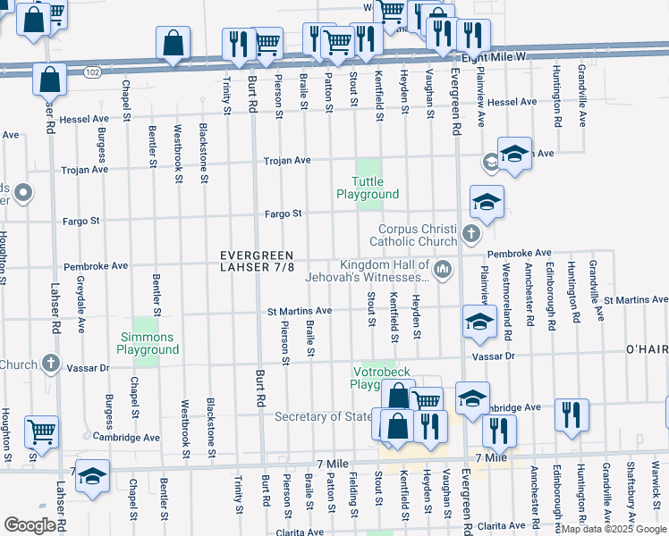 map of restaurants, bars, coffee shops, grocery stores, and more near 19802 Patton Street in Detroit