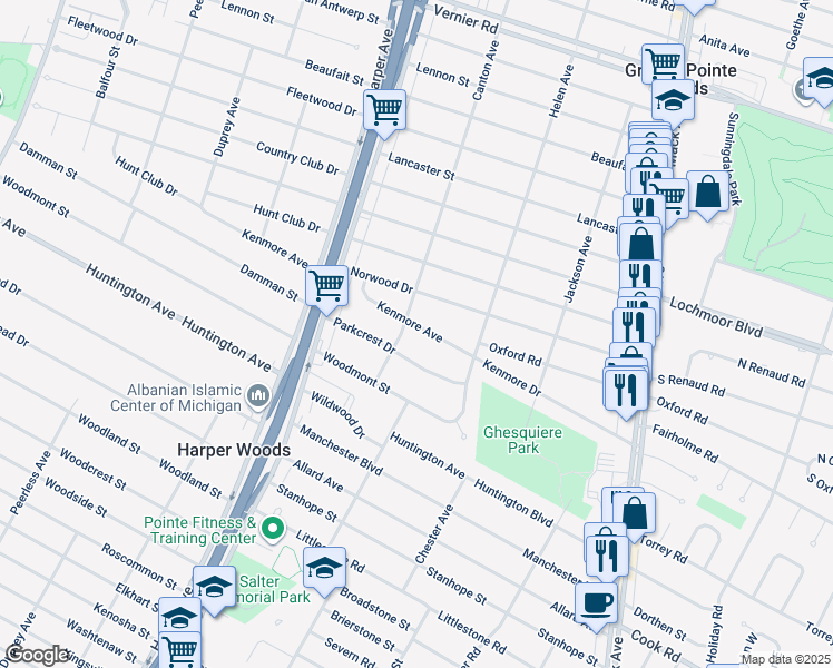 map of restaurants, bars, coffee shops, grocery stores, and more near 21120 Kenmore Avenue in Harper Woods