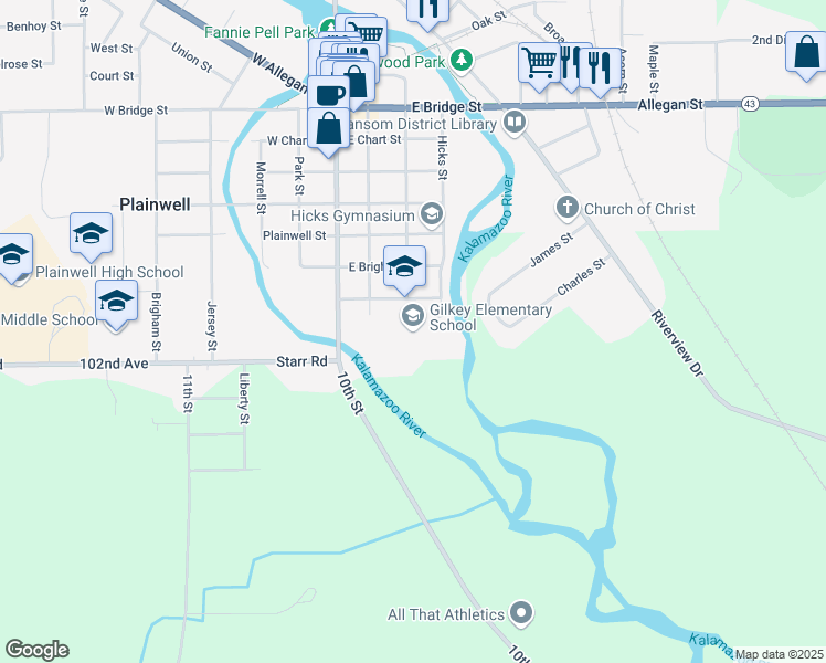 map of restaurants, bars, coffee shops, grocery stores, and more near 707 South Woodhams Street in Plainwell