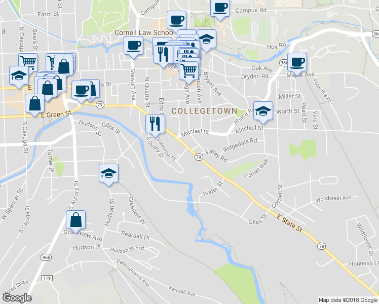 map of restaurants, bars, coffee shops, grocery stores, and more near 921 East State Street in Ithaca