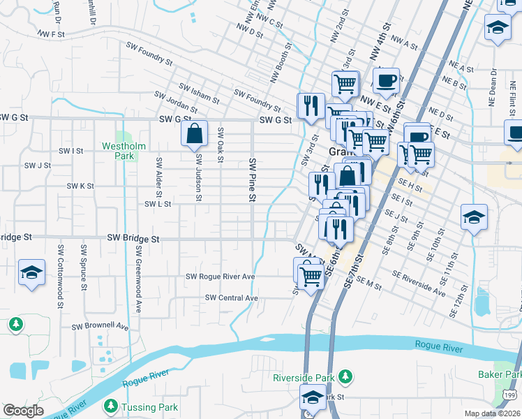 map of restaurants, bars, coffee shops, grocery stores, and more near 371 Southwest L Street in Grants Pass