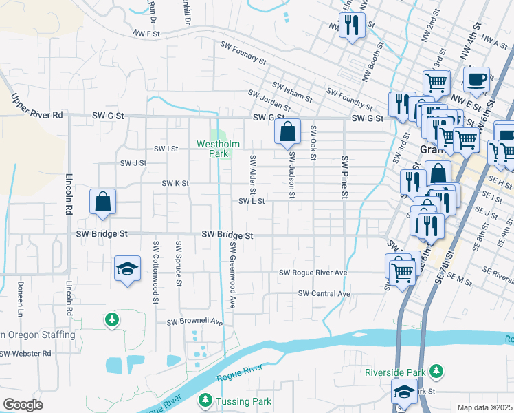 map of restaurants, bars, coffee shops, grocery stores, and more near 1121 Southwest L Street in Grants Pass