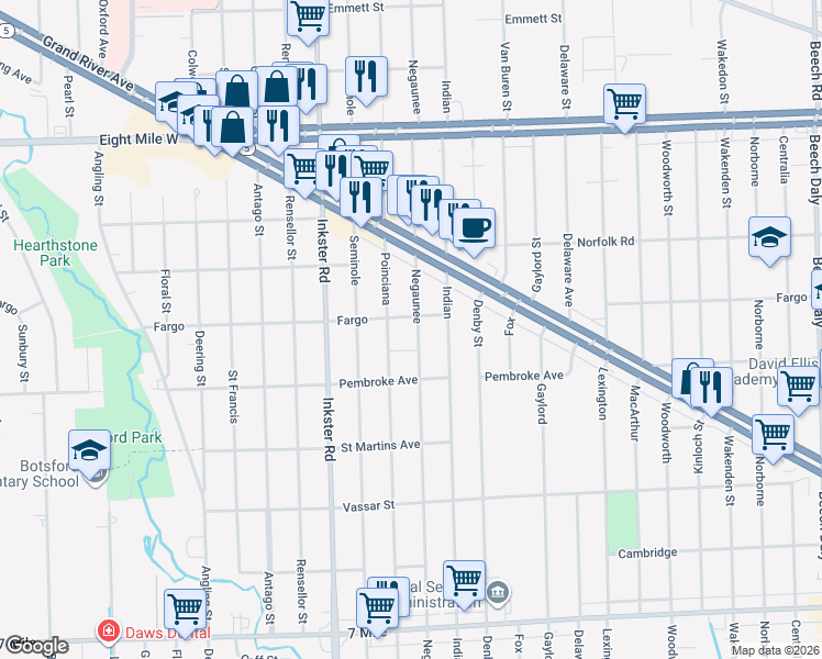map of restaurants, bars, coffee shops, grocery stores, and more near 19985 Negaunee in Redford Charter Township