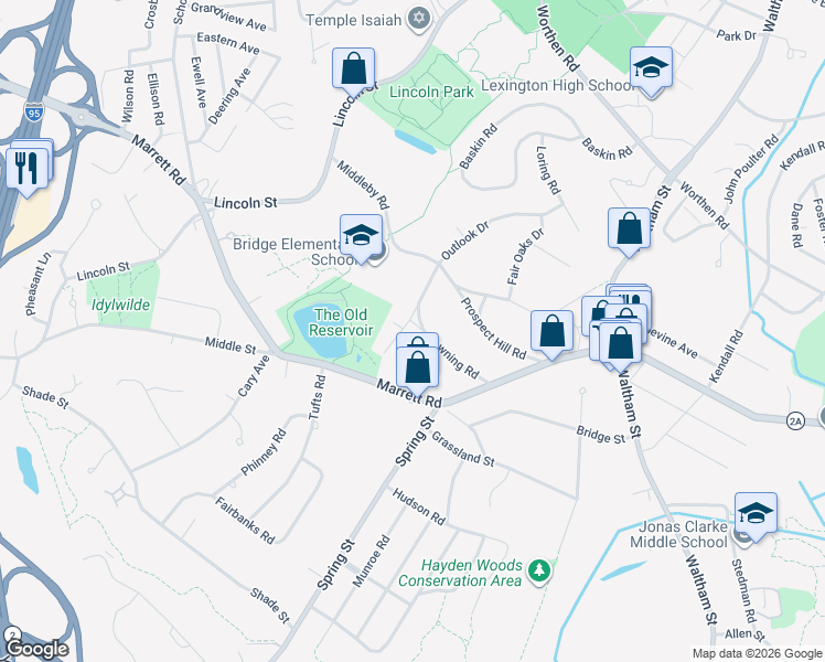 map of restaurants, bars, coffee shops, grocery stores, and more near 50 Downing Road in Lexington