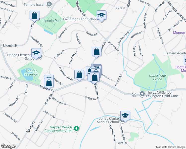 map of restaurants, bars, coffee shops, grocery stores, and more near 367 Waltham Street in Lexington