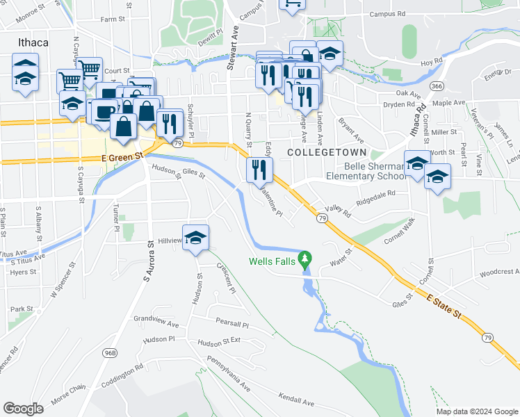 map of restaurants, bars, coffee shops, grocery stores, and more near 123 Valentine Place in Ithaca