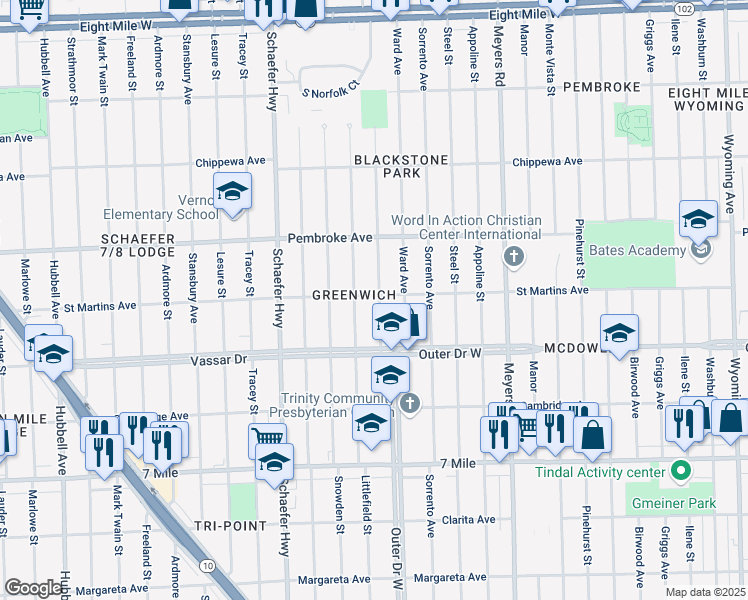 map of restaurants, bars, coffee shops, grocery stores, and more near 19505 Cheyenne Street in Detroit