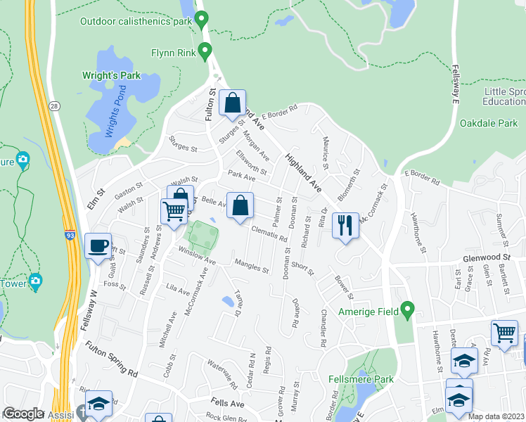 map of restaurants, bars, coffee shops, grocery stores, and more near 112 Belle Avenue in Medford
