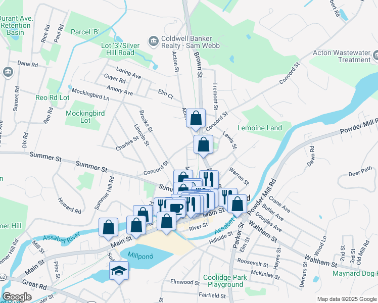 map of restaurants, bars, coffee shops, grocery stores, and more near 27 Maple Street in Maynard