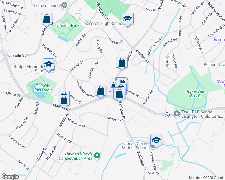 map of restaurants, bars, coffee shops, grocery stores, and more near 367 Waltham Street in Lexington
