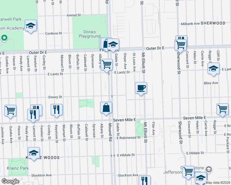 map of restaurants, bars, coffee shops, grocery stores, and more near 19317 Gable Street in Detroit
