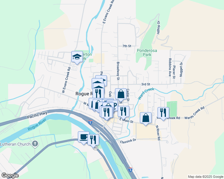 map of restaurants, bars, coffee shops, grocery stores, and more near 311 Broadway Street in Rogue River