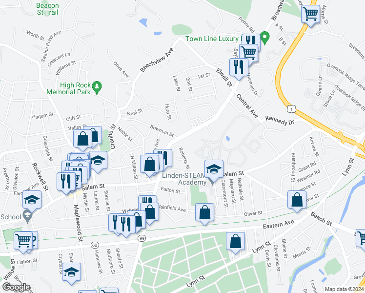 map of restaurants, bars, coffee shops, grocery stores, and more near in Malden