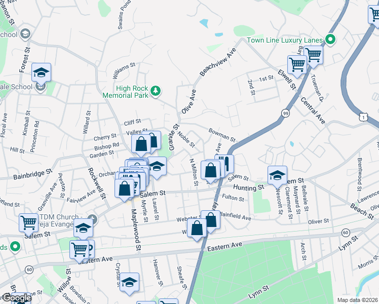 map of restaurants, bars, coffee shops, grocery stores, and more near 5 Brook Street in Malden