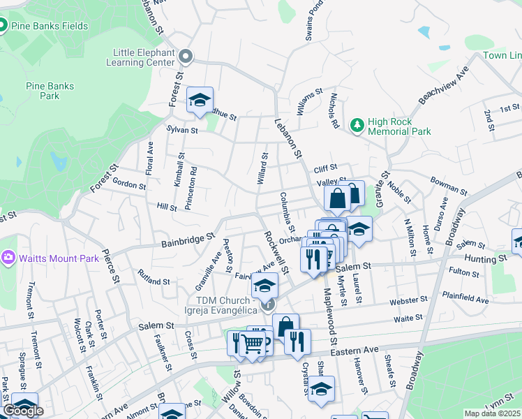 map of restaurants, bars, coffee shops, grocery stores, and more near 15-17 Bainbridge Street in Malden