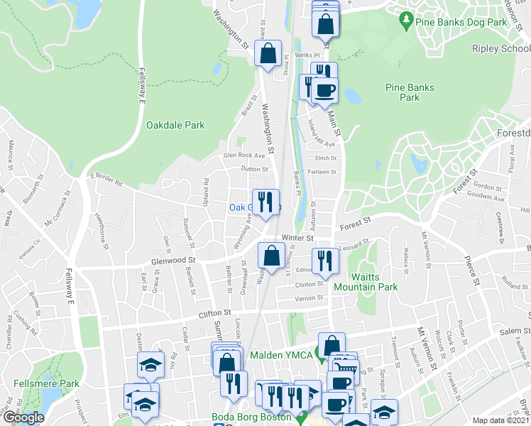 map of restaurants, bars, coffee shops, grocery stores, and more near 284 Washington Street in Malden
