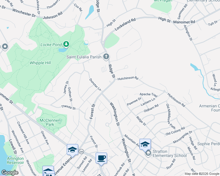 map of restaurants, bars, coffee shops, grocery stores, and more near 6 Ridge Street in Winchester