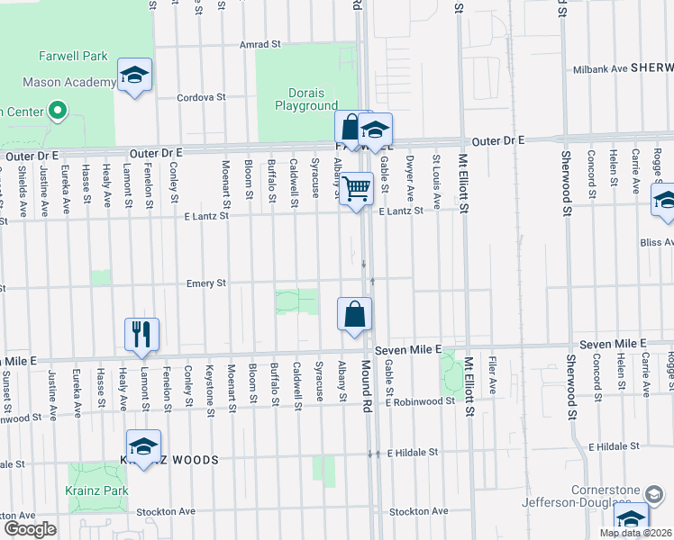 map of restaurants, bars, coffee shops, grocery stores, and more near 19324 Albany Street in Detroit